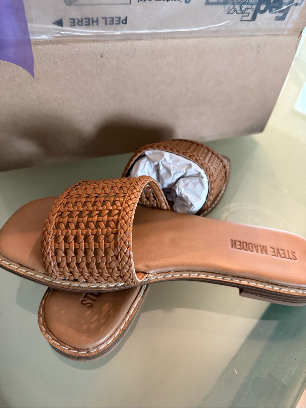 Steve Madden Tan Woven Leather Slide Mules